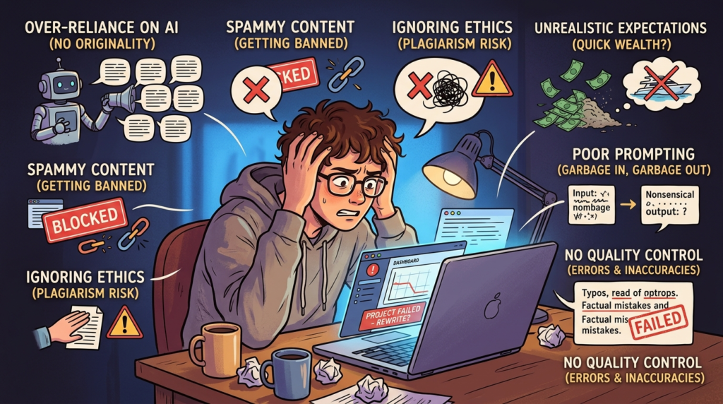Frustrated person at laptop illustrating common mistakes people make using AI tools to make money online