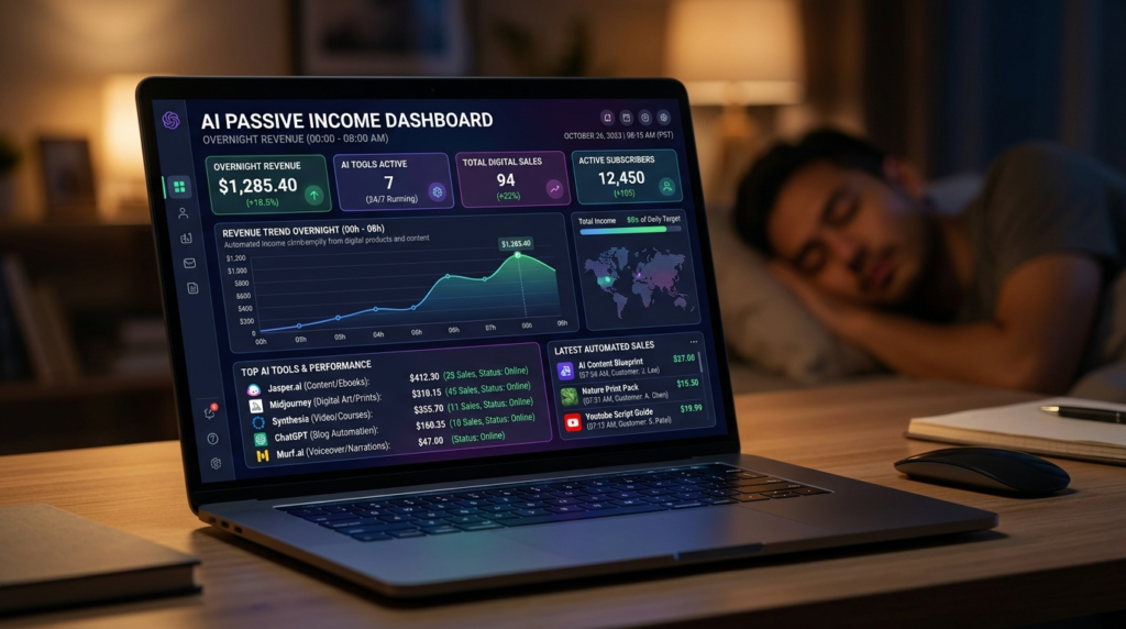 Income dashboard showing AI tools for passive income online generating overnight revenue from digital products and content