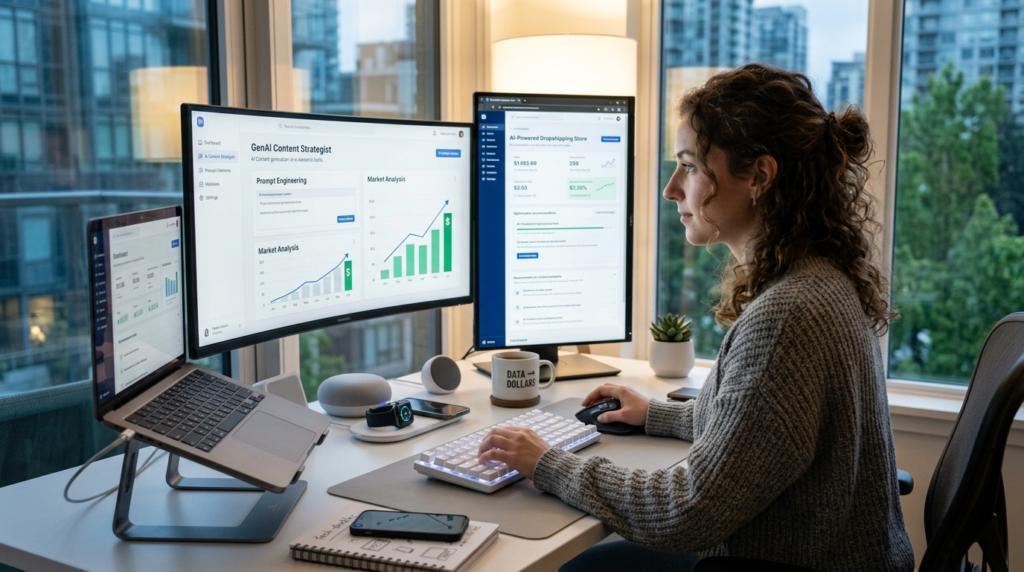 Person learning how to use AI tools to earn money from home at a clean desk with multiple browser windows open