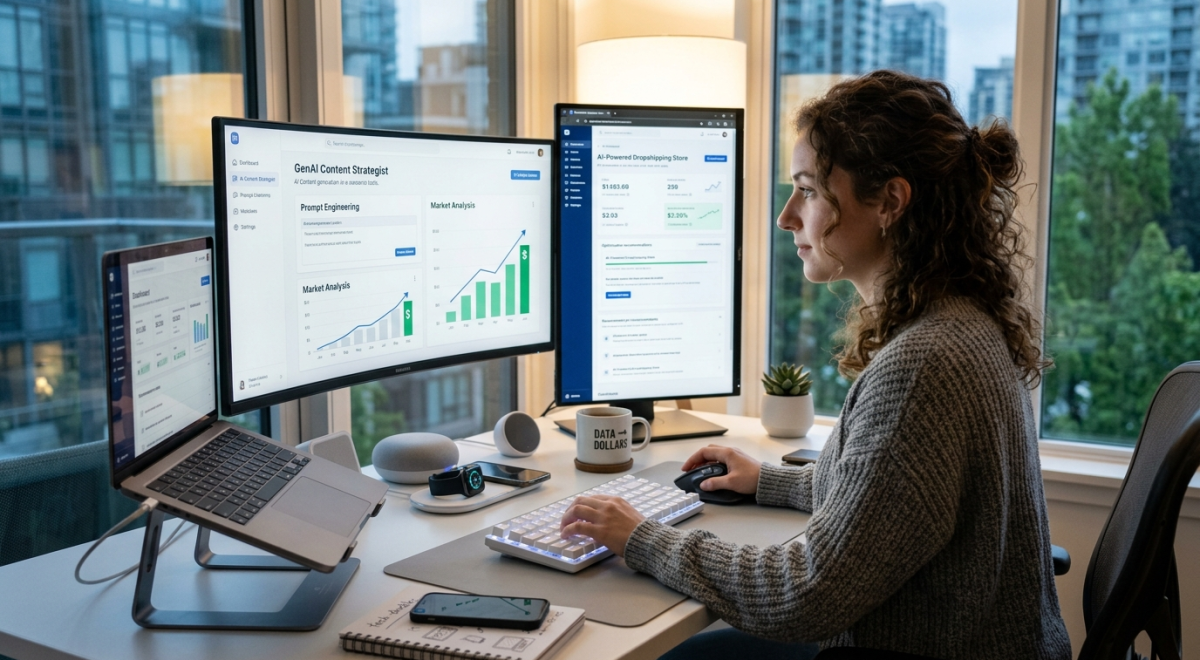 Person learning how to use AI tools to earn money from home at a clean desk with multiple browser windows open
